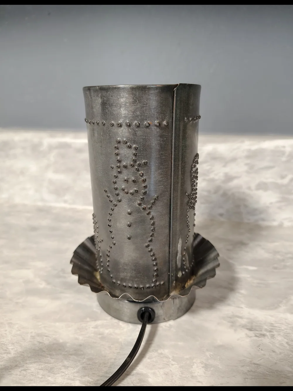 Primitive Punched Tin Snowman Rustic Lamp USA